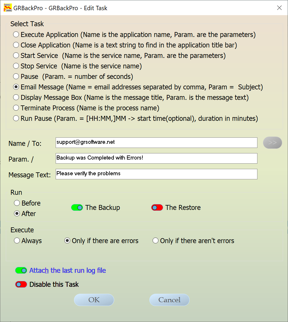 Backup Software Add / Edit Task dialog image