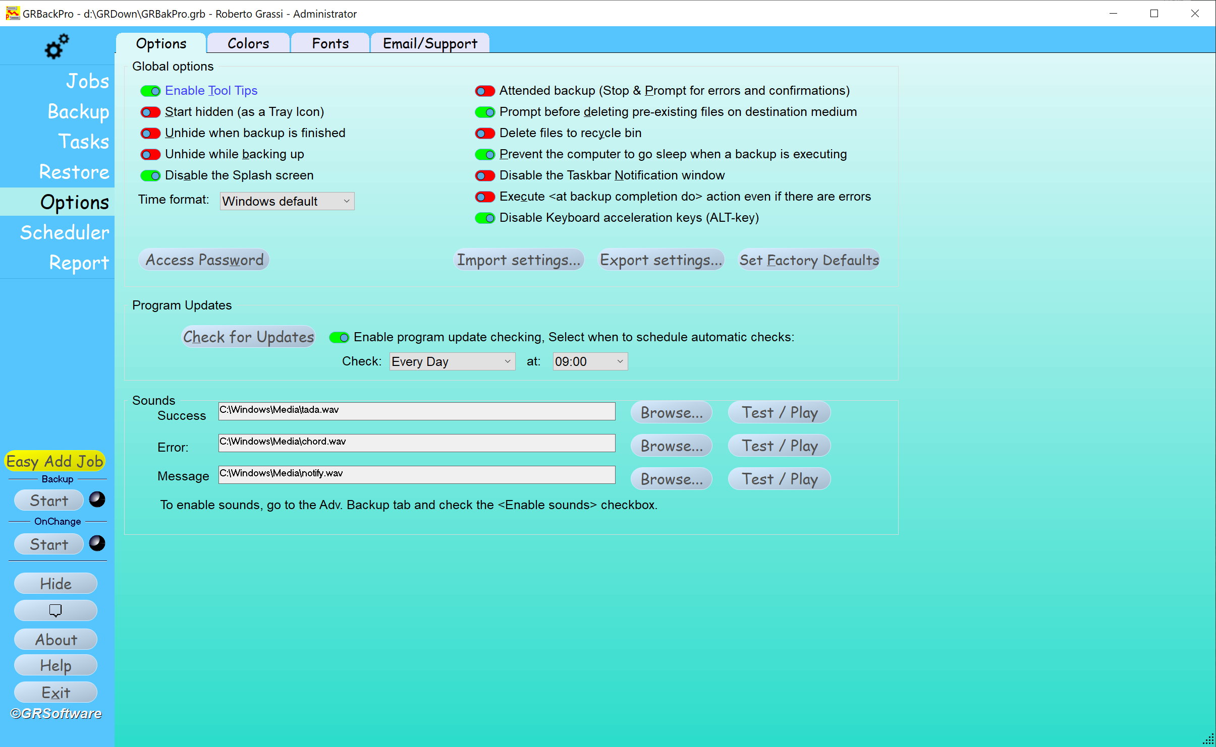 Backup Software Options dialog image