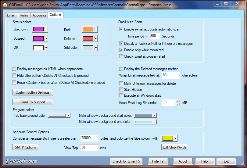 Email Preview Software options tab